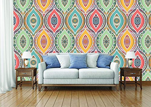 R.N.Solution Wallpaper Wall Stickers PVC Vinyl self Adhesive Wall Poster Waterproof Beautiful Ethnic Pattern Design for Living Room Hall Play Room Bedroom Kitchen (16 inch x 90 Inch)
