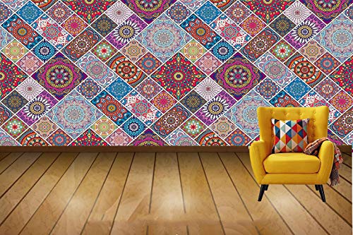 R.N.Solution Wallpaper Wall Stickers PVC Vinyl self Adhesive Vinyl Wall Poster Waterproof Colorful Ethnic Design for Living Room Hall Play Room Bedroom Kitchen (16 inch x 90 Inch)
